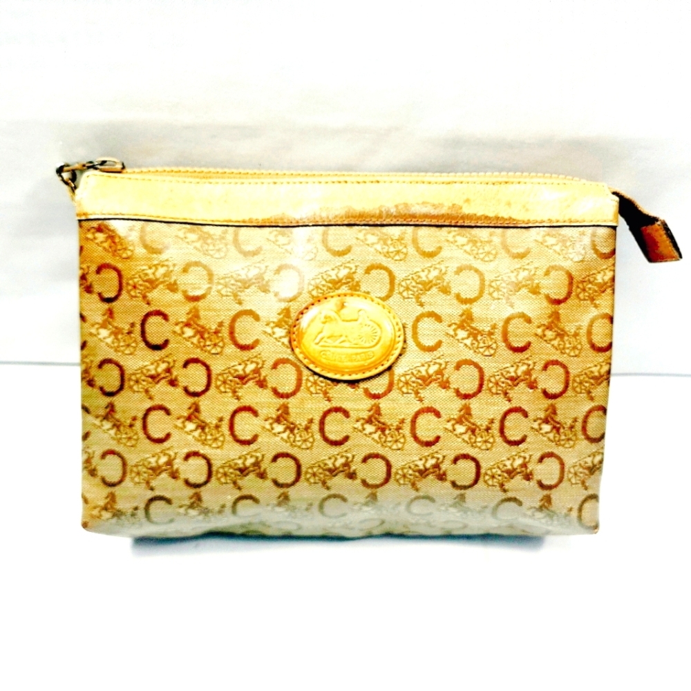 Celine Beige and Tan Monogram Wristlet Clutch